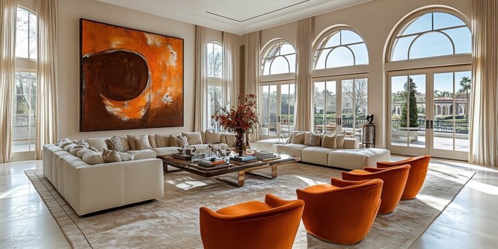 Luxurious living room, large arched windows, natural light, modern abstract orange artwork, white sofa, orange accent chairs, wooden coffee table, neutral color palette, high ceilings, hardwood floors