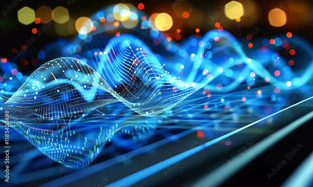 Aufkleber abstract digital data wave on a screen, glowing blue and red nodes connected by lines.