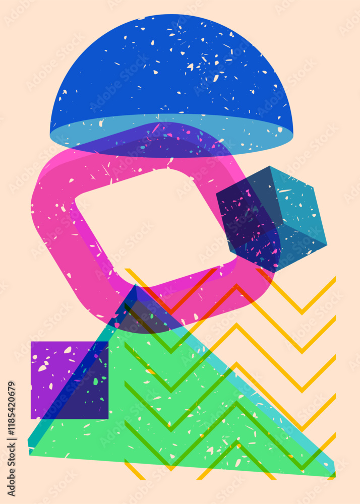 Poster colorful geometric shapes. object in trendy riso graph design. geometry elements abstract risograph 
