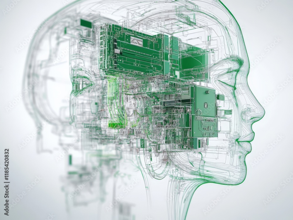Poster abstract 3d digital representation of a human head with circuit board patterns, symbolizing artifici