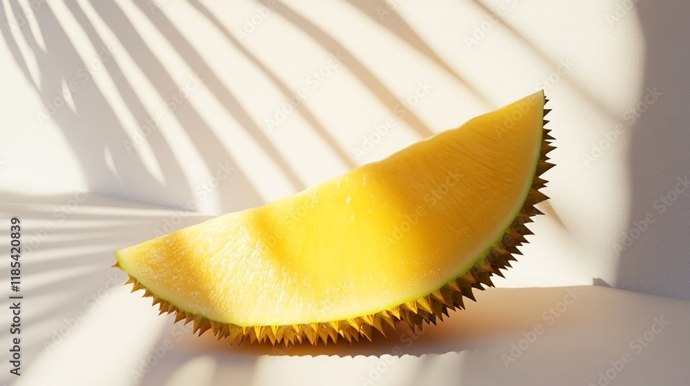 Aufkleber a vibrant slice of durian showcasing its unique texture and color against a shadowy background.