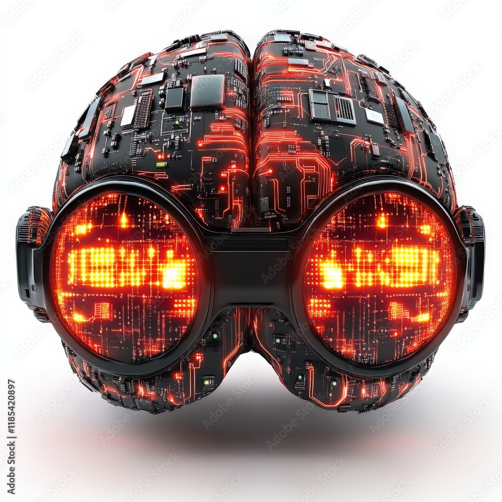 Poster abstract robotic head with glowing orange circuitry and mechanical components, symbolizing ai, robot