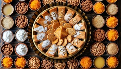 Colorful Moroccan Ghriba Bowl with Various Toppings Displayed on a Wooden Table