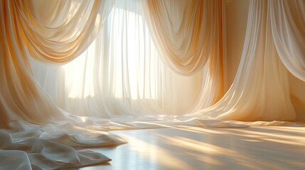 A vibrant reflecting sunlight with white stage with draped curtains 
