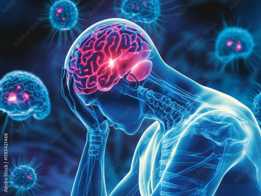 Poster conceptual depiction of neural activity with glowing red signals in the brain, highlighting medical 