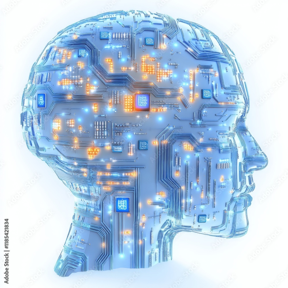 Poster transparent glowing brain inside a human head highlighting neural networks and cognitive functions, 