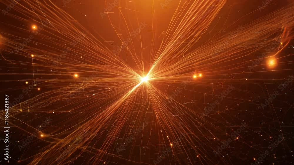 Poster futuristic plexus network with animated dots in abstract orange space
