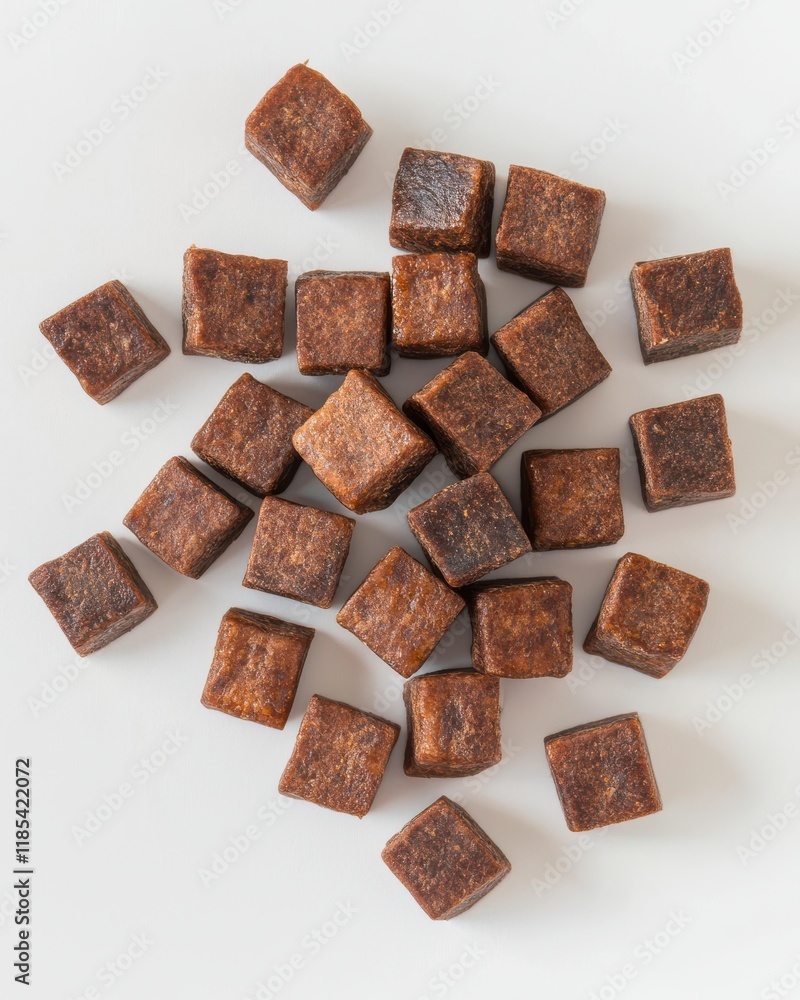 Poster brown square pieces of food arranged on a light background showcasing texture and color variation id