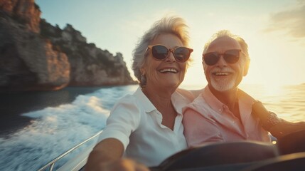Fototapeta premium Elderly Couple Celebrating Life During Scenic Sunset Cruise