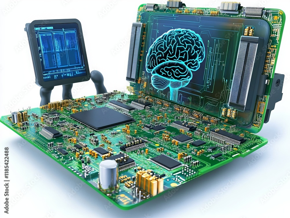 Poster high tech motherboard with a brain shaped neural processor glowing in blue, symbolizing artificial i