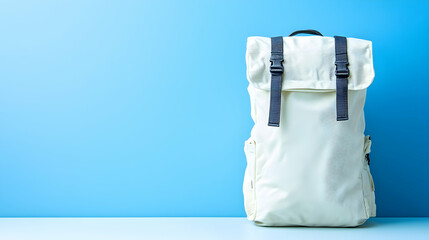 White backpack against blue background, ready for travel adventures.