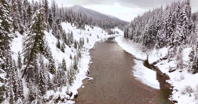 Aerial Drone Stunning Winter Forest Glacier National Park Montana
