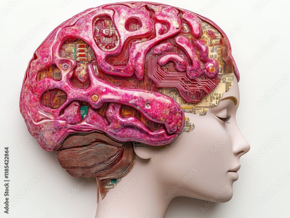 Poster close up of a pink and yellow brain model showcasing neural pathways and complex brain anatomy in vi