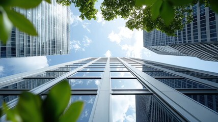 Modern skyscrapers surrounded by greenery under bright blue sky