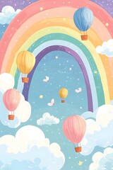 Naklejka premium Adorable Hand-Drawn Invitation Artwork in Pastel Colors Featuring a Rainbow, Floating Clouds, and a Sweet Hot Air Balloon – Perfect for a Baby Shower or kids Birthday
