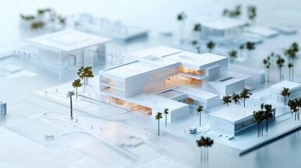 Sustainable building blueprint showcasing modern architecture and design elements, surrounded by greenery and urban landscape