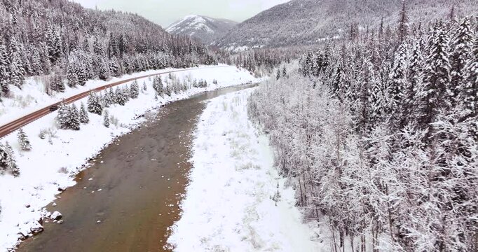 Winter Serenity Aerial Drone Glacier National Park and Flathead River