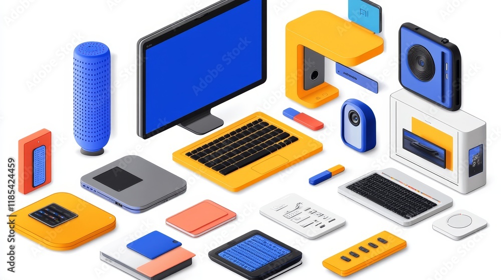 Poster isometric illustration of computer hardware components and peripherals