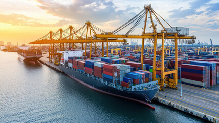 Naklejka premium Aerial view of busy port with cranes and container ships at sunset