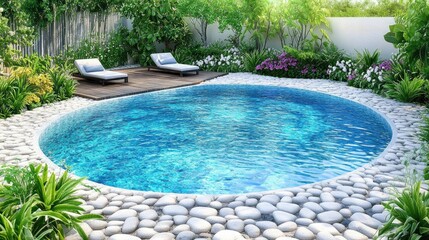 A tropical pool area featuring smooth stones and flowering plants.