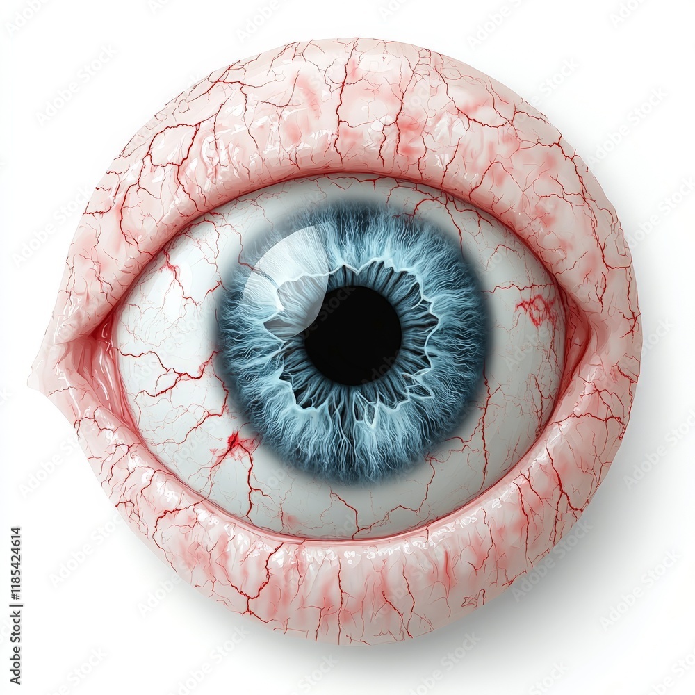 Poster close up of a human eye with detailed iris and red veins, emphasizing vision science, ocular anatomy