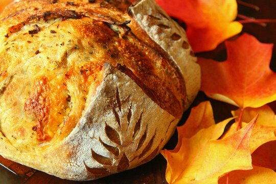 Homemade round artisanal sourdough bread freshly baked