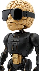 Obraz premium Futuristic android in a sleek black suit and sunglasses, with a visible brain, symbolizing artificial intelligence, robotics, and the blend of technology with human characteristics