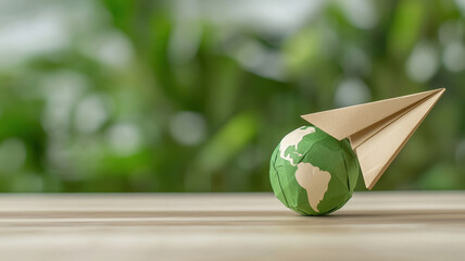 paper plane glides gracefully around globe, symbolizing travel and adventure. green background enhances theme of exploration
