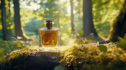 Artistic perfume bottle in natural surroundings.