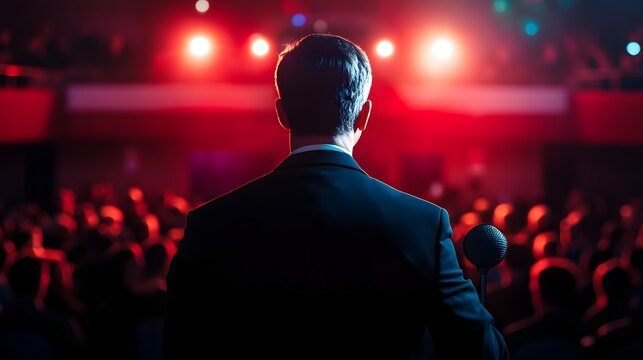 Speaker Addresses Large Audience In Dramatic Lighting