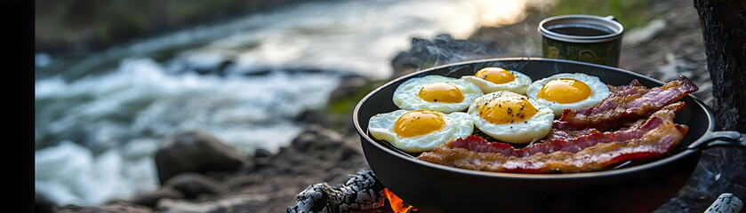 Campfire breakfast: eggs and bacon cooking over flames.