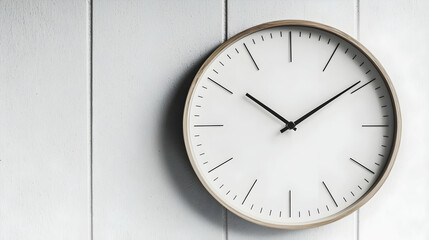Simple wall clock on white wood panel background; time management concept.