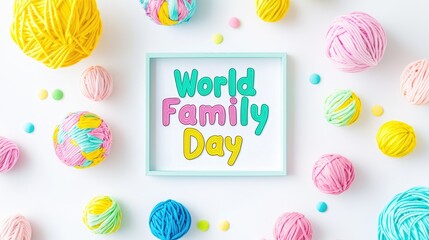 Colorful yarn balls surround a sign celebrating World Family Day.