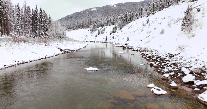 Glacier National Park Aerial Drone Flyover Snowy Forest Winter