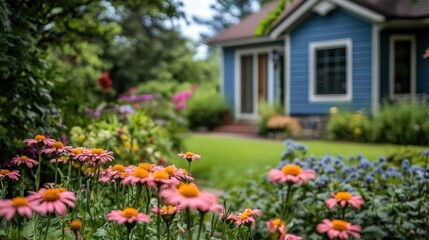 A vibrant garden with daisies framing a tidy front yard.