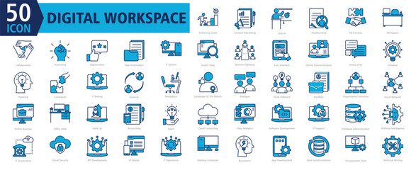 DIGITAL WORKSPACE ICON SET With Achieving Goals, Content Marketing, Lecture, Headhunting, Partnership, Workplace, Collaboration, Autonomy, Appreciation and Files And Folders