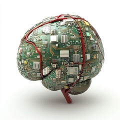 Brain shaped circuit board combining technology and biology, representing artificial intelligence, bio digital synergy, and computational innovation in advanced scientific art