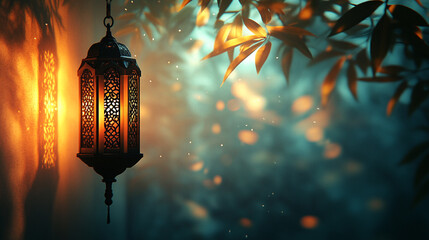 Lantern illuminating the beauty of Ramadan in a tranquil garden setting
