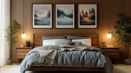 Modern bedroom interior, warm lighting, wood frame bed, blue bedding, framed landscape artwork, floor lamp, nightstand, potted plant, large window, wood flooring, textured wall panels, cozy atmosphere