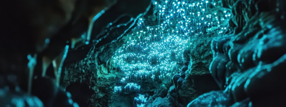 An intimate shot of the bioluminescent glowworm caves of Waitomo in New Zealand, Cave scene, Sublime style
