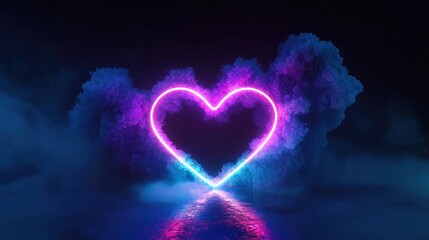 Abstract neon heart shape with colorful inner glow, set against a foggy background, creating a vibrant and mysterious atmosphere.

