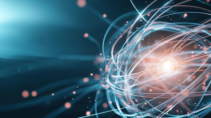 Glowing energy arcs and physics symbols create dynamic representation of atomic structure, showcasing beauty of science