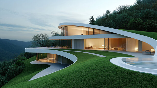 Modern architectural design featuring unique hillside home with large windows and green landscaping, blending nature and luxury