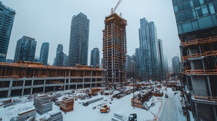 Construction site in a city covered in snow, with high-rise buildings under construction, cranes, and heavy equipment.