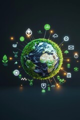 Earth glowing with community-centered sustainability symbols