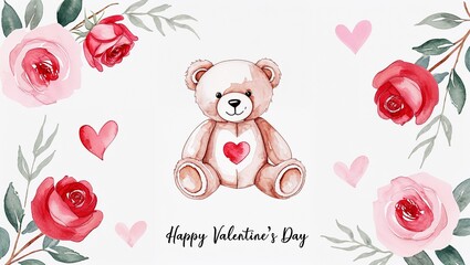 Fototapeta premium A watercolor illustration of a cute teddy bear surrounded by hearts and flowers. 