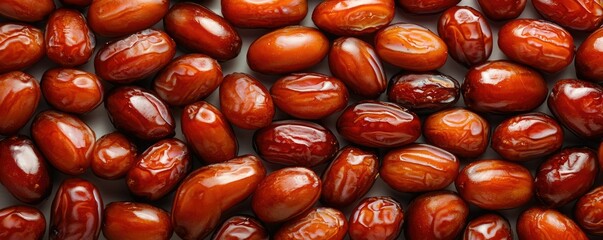 Obraz premium A close-up view of various reddish-brown dates, showcasing their smooth skins and natural textures.