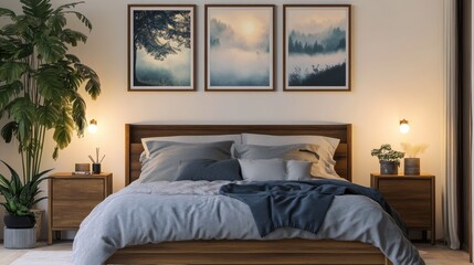 Modern bedroom interior, warm lighting, wood frame bed, blue bedding, framed landscape artwork, floor lamp, nightstand, potted plant, large window, wood flooring, textured wall panels, cozy atmosphere