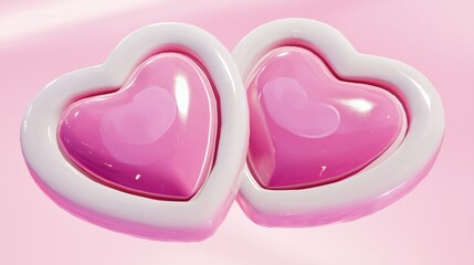 Two pink heart-shaped icons with rounded corners and white borders, floating on a pink and white gradient background. This 3D rendering in a cartoon style conveys a playful and charming design.  

