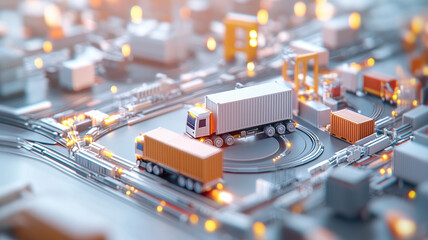 Industrial container port with advanced digital tools and trucks transporting cargo, showcasing modern logistics and transportation systems